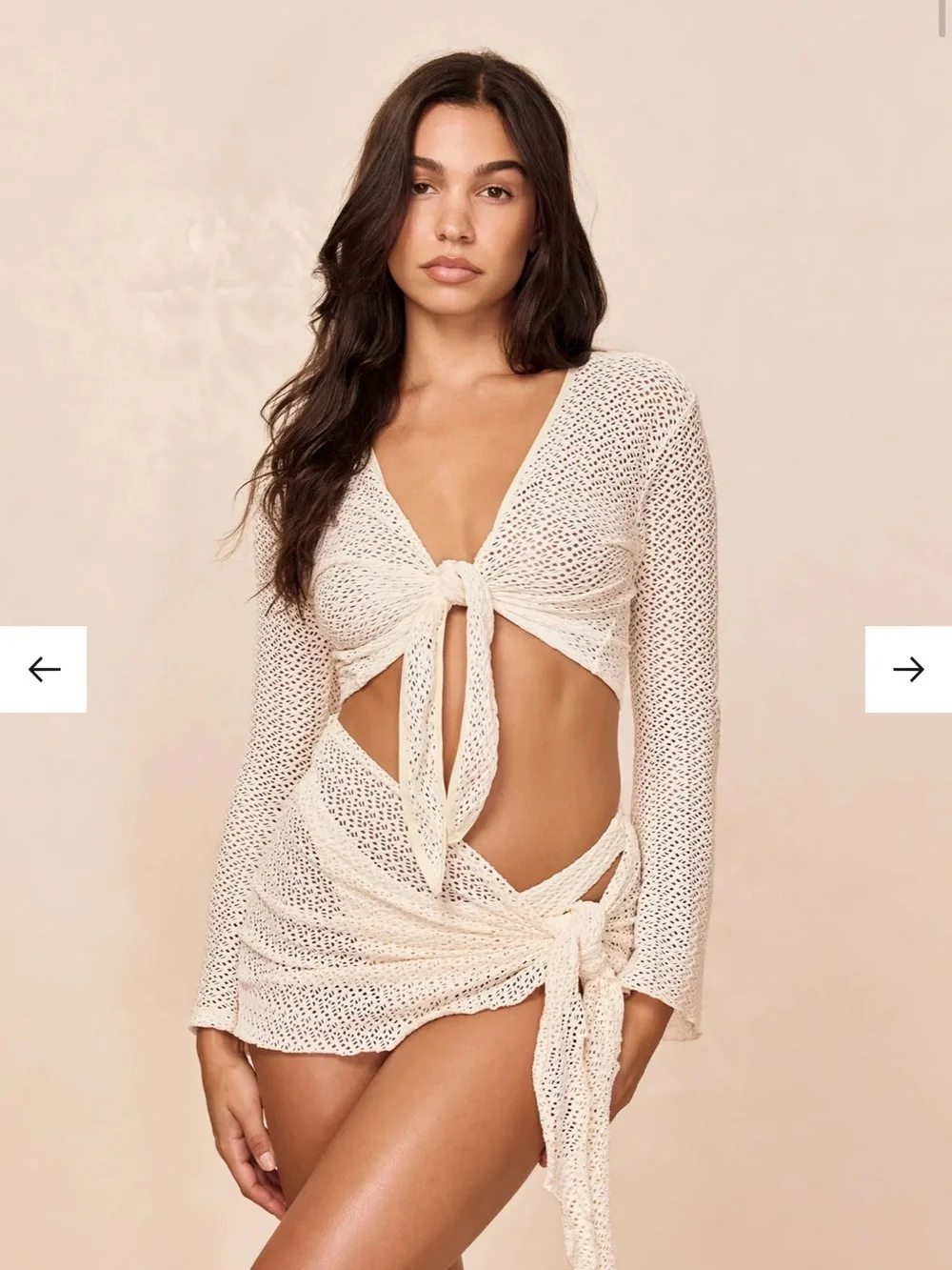 Monday Swimwear Cream Tie-Front Long Sleeve Top & Bikini Bottoms